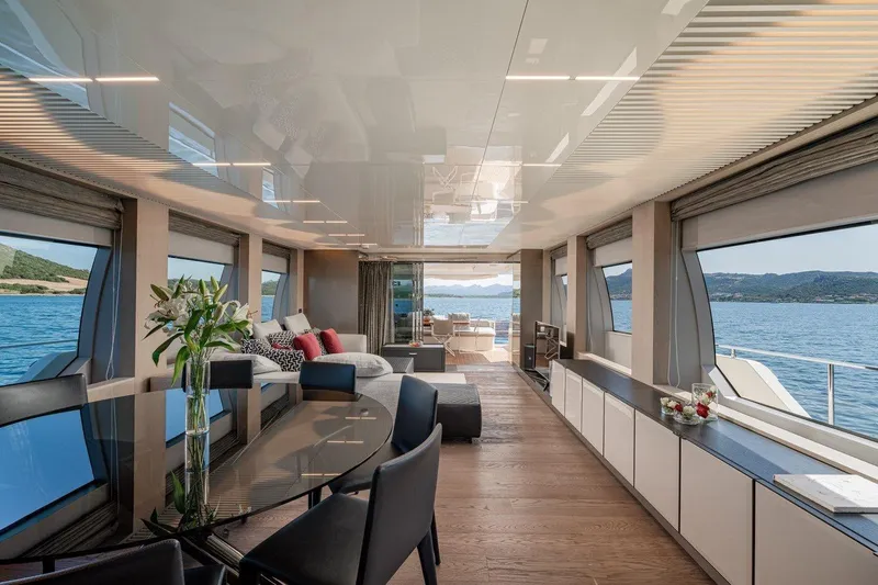 Yacht Photos Pics Luxurious interior of 2018 Ferretti Yachts 850 with panoramic ocean views.