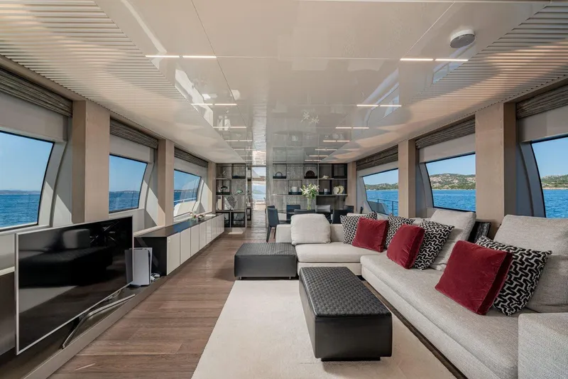  Yacht Photos Pics Luxurious interior of 2018 Ferretti Yachts 850 with modern decor and ocean views.