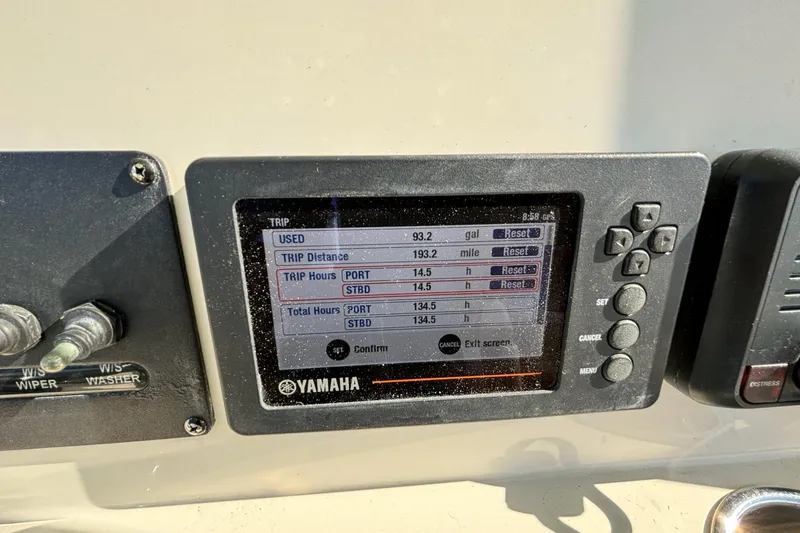  Yacht Photos Pics Yamaha display on 2020 Cobia 280 Center Console showing trip data and settings.