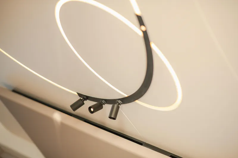  Yacht Photos Pics Modern lighting fixture on 2023 Azimut 72 Flybridge yacht interior.