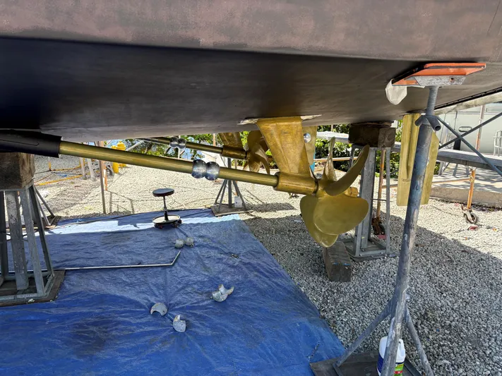  Yacht Photos Pics Underwater view of a 2000 Buddy Davis 78 yacht's propeller and shaft on dry dock.