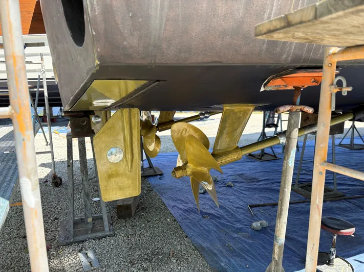  Yacht Photos Pics Propeller and rudder of a 2000 Buddy Davis 78 yacht in dry dock.