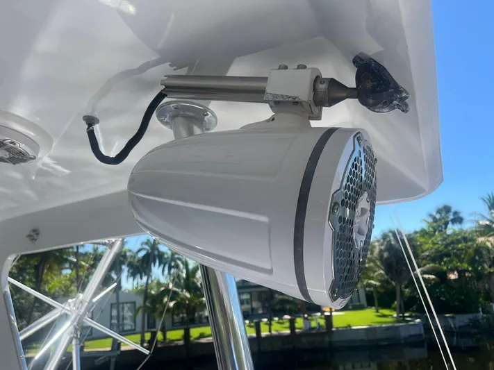  Yacht Photos Pics Speaker mounted on a Buddy Davis 78 yacht, 2000 model, with a scenic waterfront view.