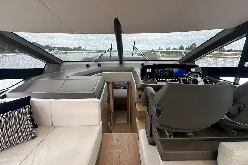  Yacht Photos Pics Interior of 2018 Sunseeker Manhattan 52 yacht, featuring modern helm and luxurious seating.