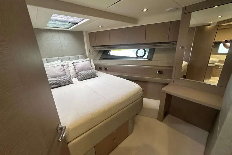 Yacht Photos Pics Luxurious bedroom interior of 2018 Sunseeker Manhattan 52 yacht with modern design.