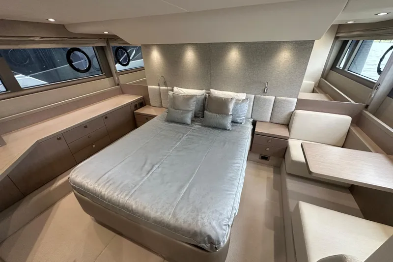  Yacht Photos Pics Luxurious 2018 Sunseeker Manhattan 52 yacht bedroom with elegant furnishings and modern design.