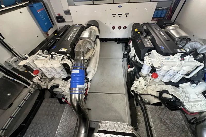  Yacht Photos Pics Engine room of 2018 Sunseeker Manhattan 52 yacht with twin Volvo Penta engines.