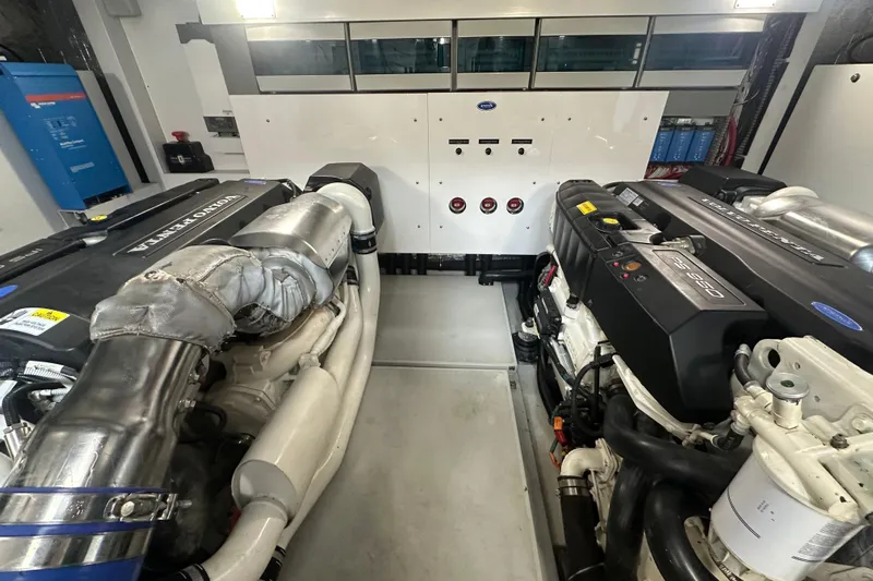  Yacht Photos Pics Engine room of 2018 Sunseeker Manhattan 52 yacht, featuring twin engines and control systems.