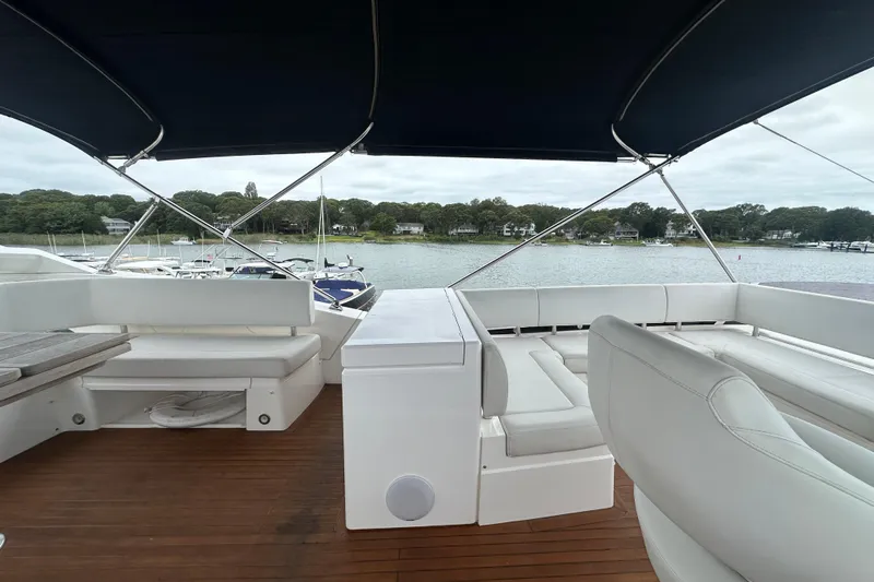  Yacht Photos Pics Flybridge of 2018 Sunseeker Manhattan 52 yacht with white seating and wooden deck.