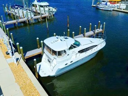 Lazy Gray Yacht Photos Pics 2008 Sea Ray 40 Motor Yacht docked at marina, aerial view.