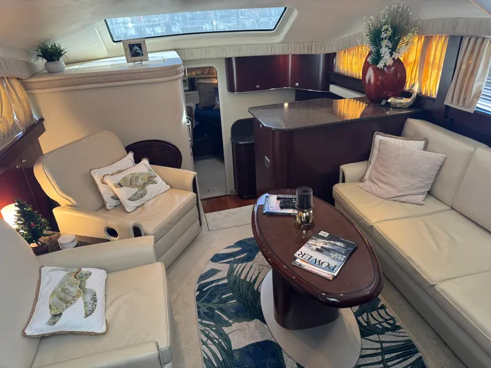 Lazy Gray Yacht Photos Pics Luxurious interior of 2008 Sea Ray 40 Motor Yacht with elegant seating and decor.