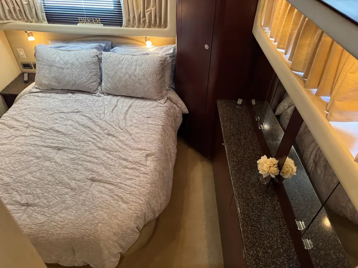 Lazy Gray Yacht Photos Pics Luxurious bedroom interior of 2008 Sea Ray 40 Motor Yacht with elegant bedding and decor.