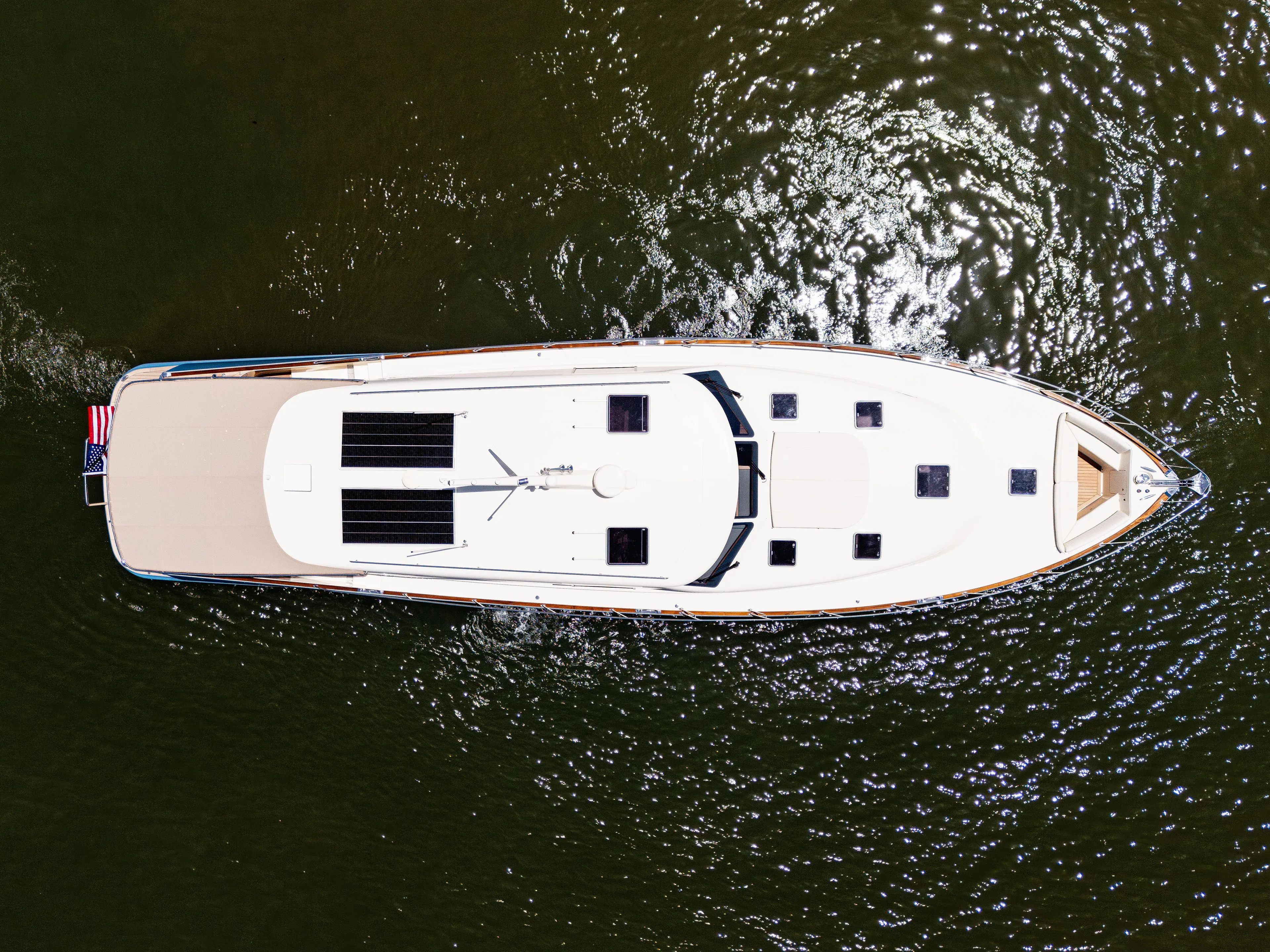 Margin Yacht Photos Pics Overhead view of 2025 Palm Beach Motor Yachts PB70 on water.