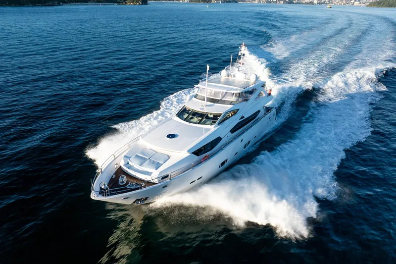 2010 Sunseeker Mega Yacht Yacht Photos Pics Luxurious 2010 Sunseeker 30M yacht cruising on open water, showcasing sleek design and elegance.