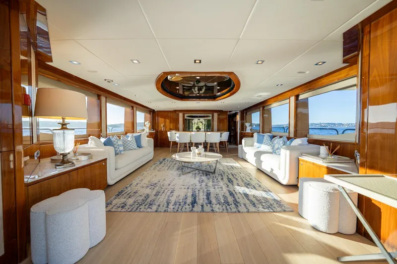 2010 Sunseeker Mega Yacht Yacht Photos Pics Luxurious interior of 2010 Sunseeker 30M yacht with elegant furnishings and panoramic windows.