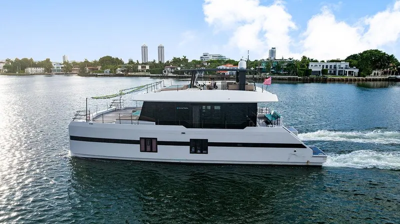 Island Majesty Yacht Photos Pics Luxury Sunreef 70 yacht cruising on a sunny day, 2018 model.