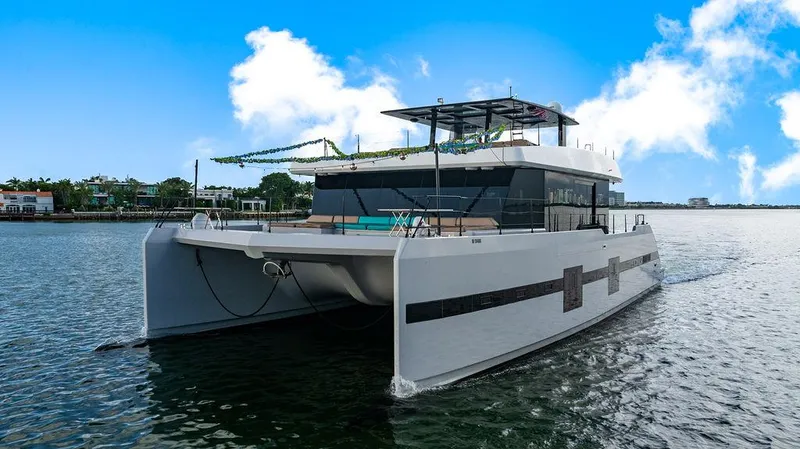 Island Majesty Yacht Photos Pics Luxury Sunreef 70 catamaran yacht, 2018 model, cruising on a sunny day.