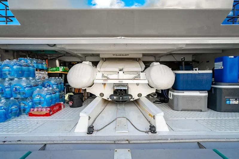 Island Majesty Yacht Photos Pics Storage area of 2018 Sunreef 70 yacht with supplies and equipment.