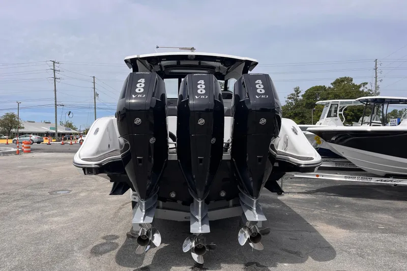 Yacht Photos Pics 2025 Fountain 39 DX boat with triple 400 V10 Mercury outboard engines.