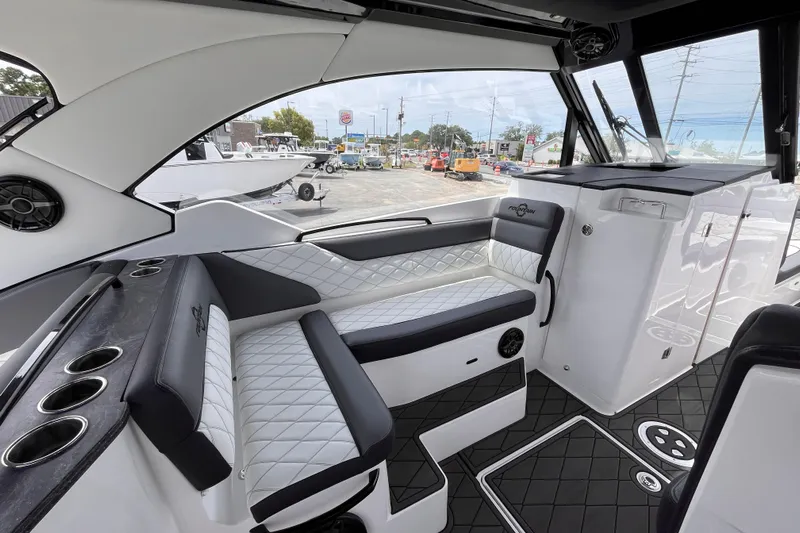  Yacht Photos Pics Interior of 2025 Fountain 39 DX boat with luxurious seating and modern design.