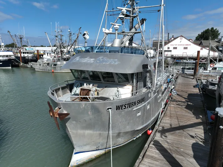 Western Shore Yacht Photos Pics Expedition yacht docked at marina, Custom model, 1989, named "Western Shore."