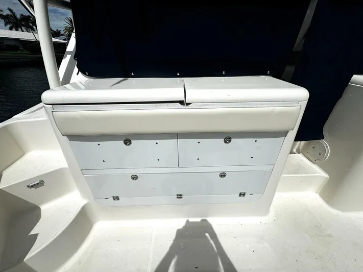 Liberty Yacht Photos Pics 2010 Pursuit OS 345 Offshore boat storage compartments and seating.