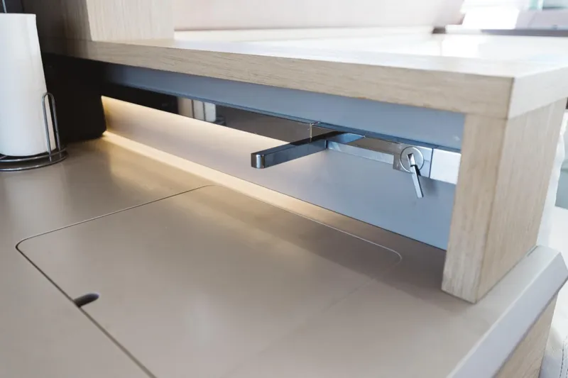  Yacht Photos Pics Beneteau Monte Carlo 5 yacht interior detail, 2015 model, featuring sleek modern cabinetry.