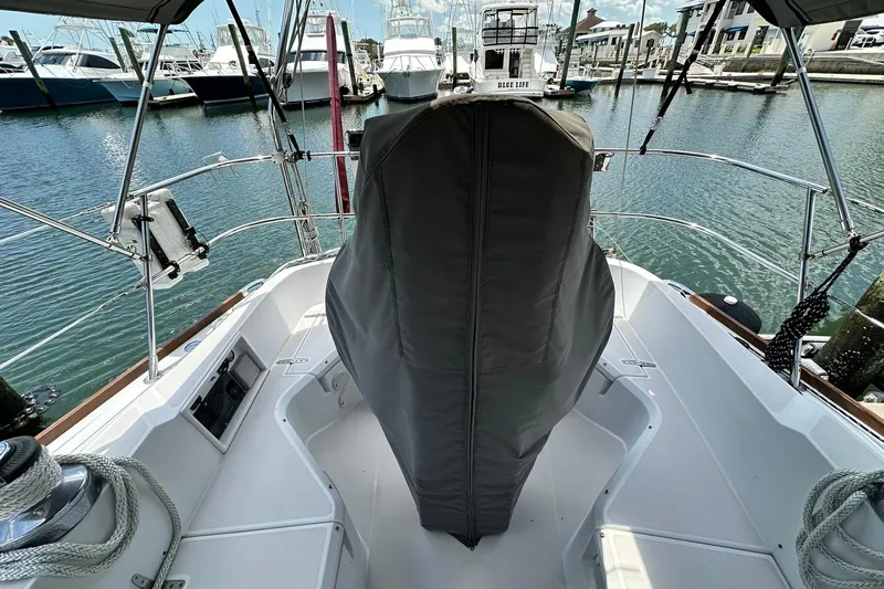 Champagne Lady Yacht Photos Pics 2007 Sabre 386 sailboat cockpit with covered helm, docked in marina.