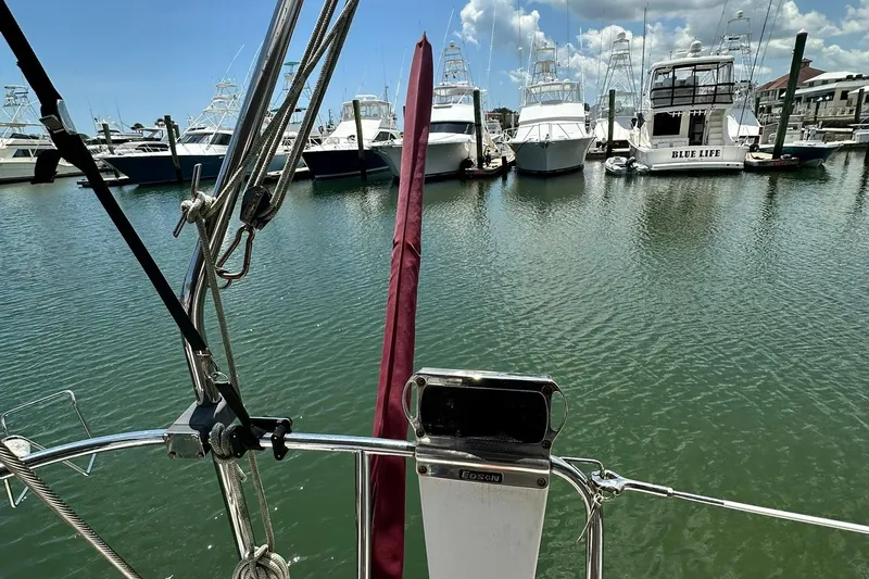 Champagne Lady Yacht Photos Pics View from Sabre 386 sailboat, 2007 model, overlooking marina with docked yachts.