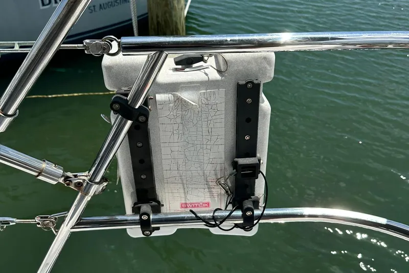 Champagne Lady Yacht Photos Pics Sailing equipment mounted on a Sabre 386 yacht, 2007 model, with water in the background.