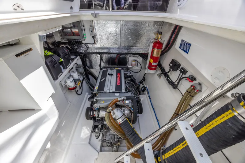  Yacht Photos Pics Engine room of 2024 Leopard 53 Powercat with Yanmar engine and safety equipment.