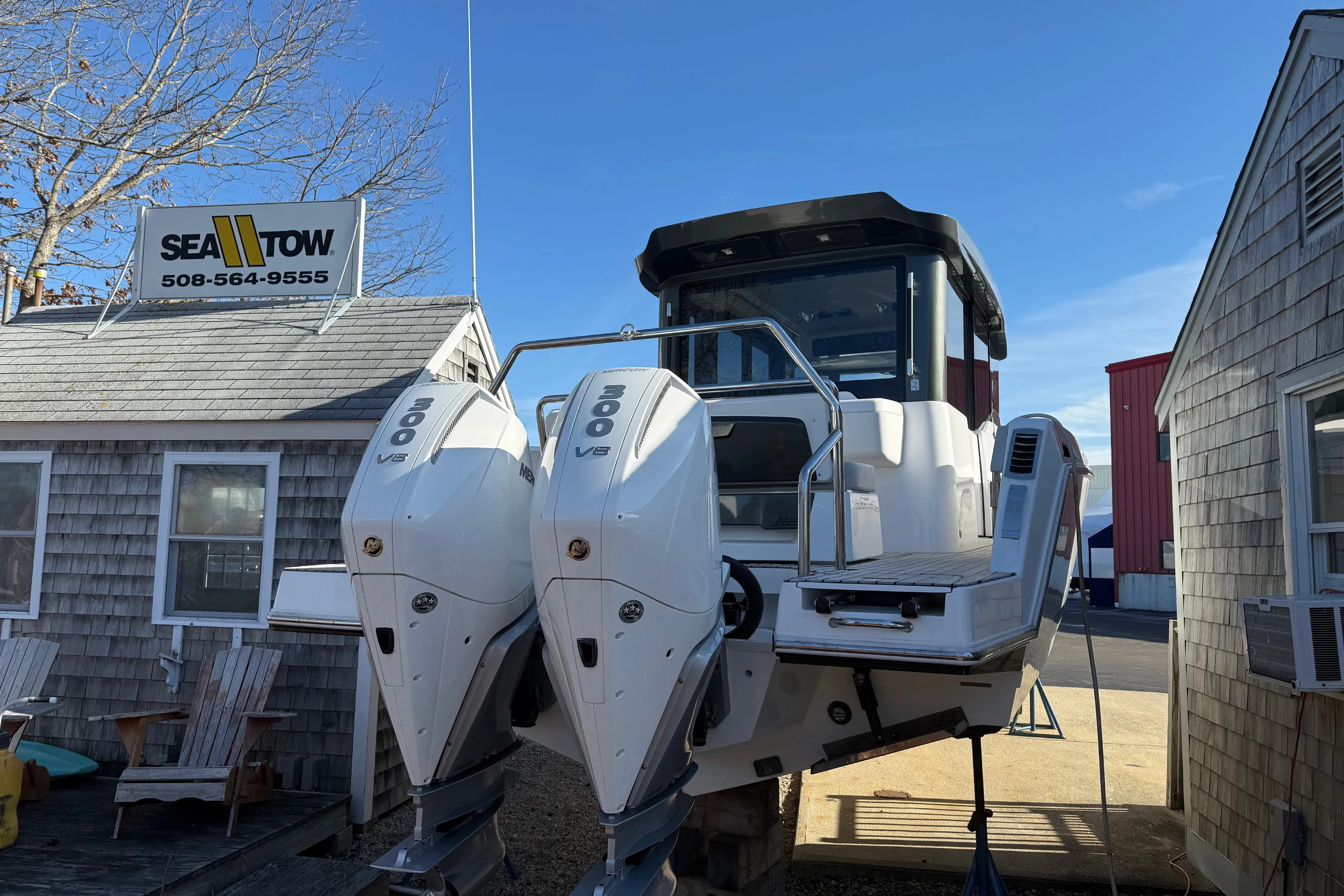 2024 Schaefer V33 boat with twin 300 V8 engines at Sea Tow facility.