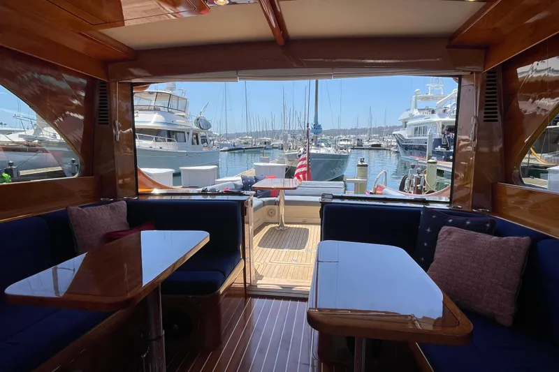White Sauce Yacht Photos Pics Luxurious interior of 2017 Hinckley Talaria 43 Motoryacht docked at marina.