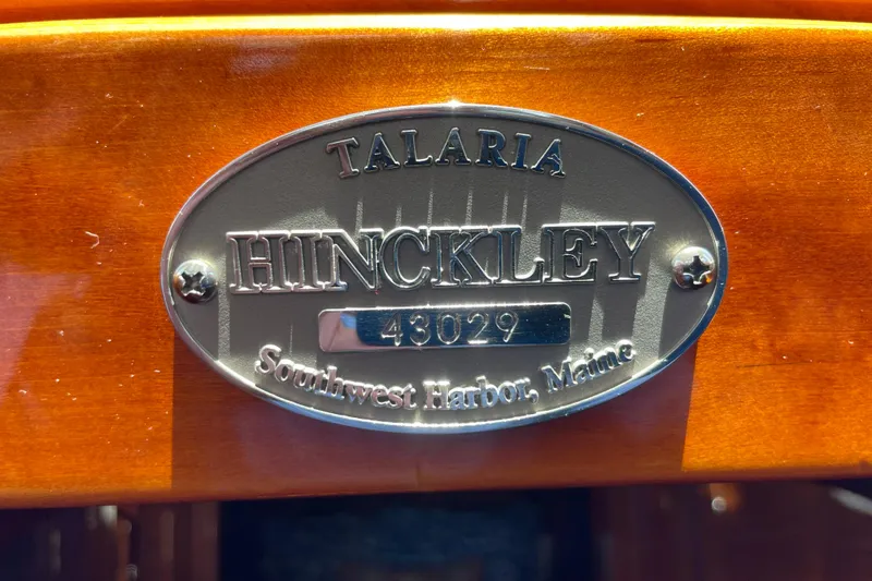 White Sauce Yacht Photos Pics Hinckley Talaria 43 Motoryacht 2017 nameplate, Southwest Harbor, Maine.
