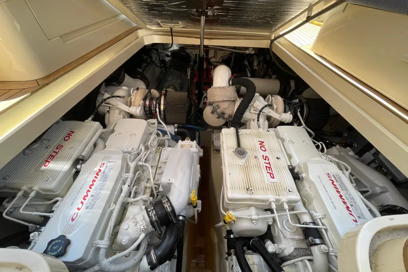 White Sauce Yacht Photos Pics Engine room of 2017 Hinckley Talaria 43 Motoryacht with Cummins engines.