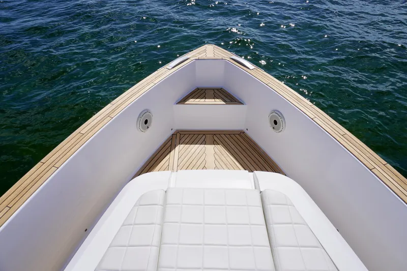  Yacht Photos Pics Bow view of 2020 Pardo Yachts 38 with teak decking on open water.