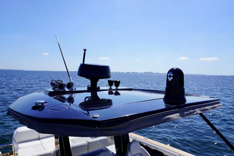  Yacht Photos Pics 2020 Pardo Yachts 38 on open water, featuring sleek black roof and modern equipment.