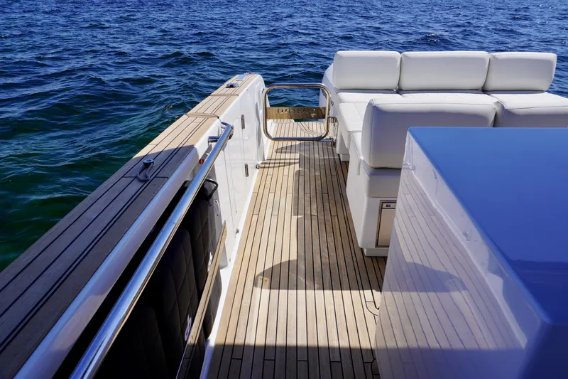  Yacht Photos Pics 2020 Pardo Yachts 38 deck with white seating, overlooking the ocean.