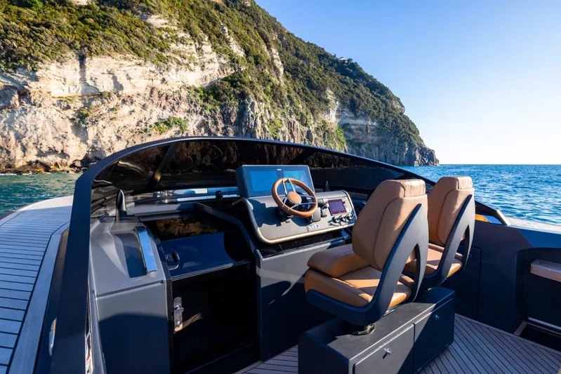  Yacht Photos Pics 2024 Nerea Yacht NY40 cockpit with scenic coastal view, luxury seating, and modern controls.