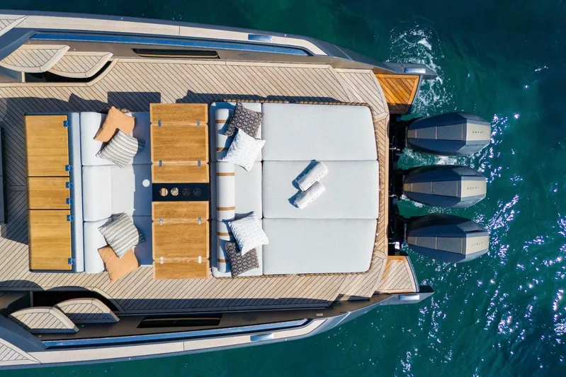  Yacht Photos Pics Aerial view of 2024 Nerea Yacht NY40 deck with cushions and triple engines.
