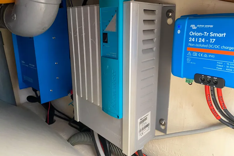  Yacht Photos Pics Electrical components in a 1991 Amel Super Maramu yacht, featuring Victron Energy equipment.