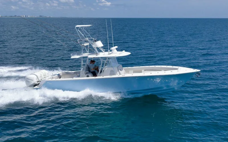  Yacht Photos Pics 2020 SeaVee 39 boat cruising on open ocean waters.