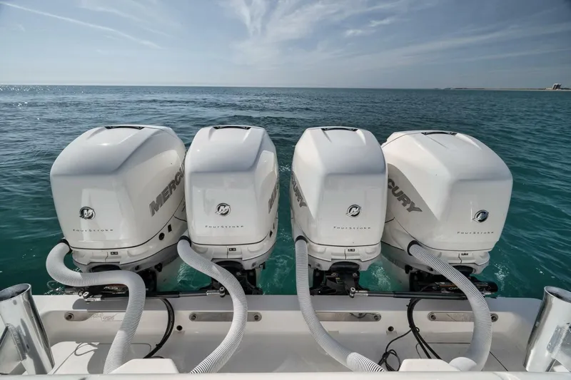  Yacht Photos Pics Four Mercury outboard engines on a 2020 SeaVee 39 boat in open water.