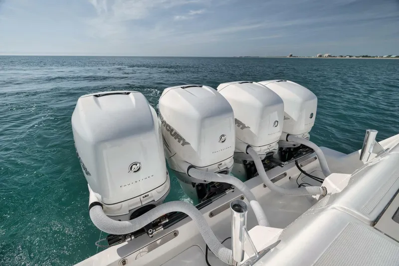  Yacht Photos Pics Four Mercury outboard engines on a 2020 SeaVee 39 boat in open water.