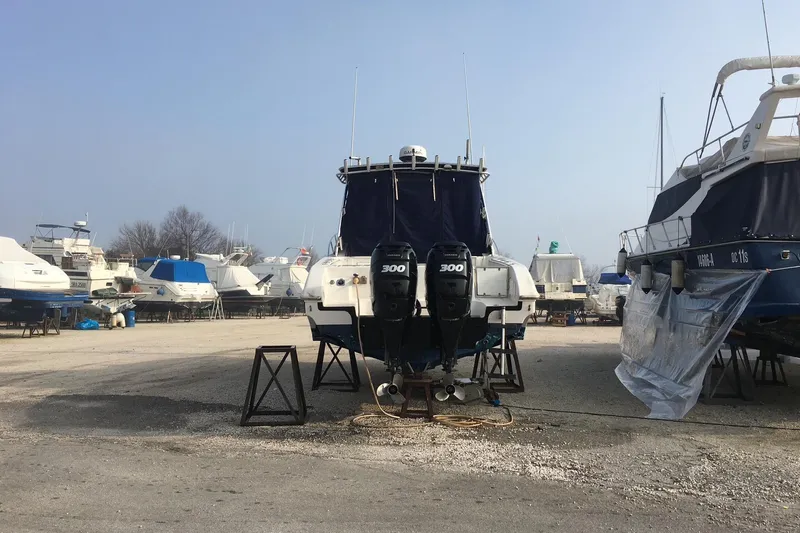  Yacht Photos Pics 2009 Fountain 33 Sportfish Cruiser in boatyard with twin 300 horsepower engines.
