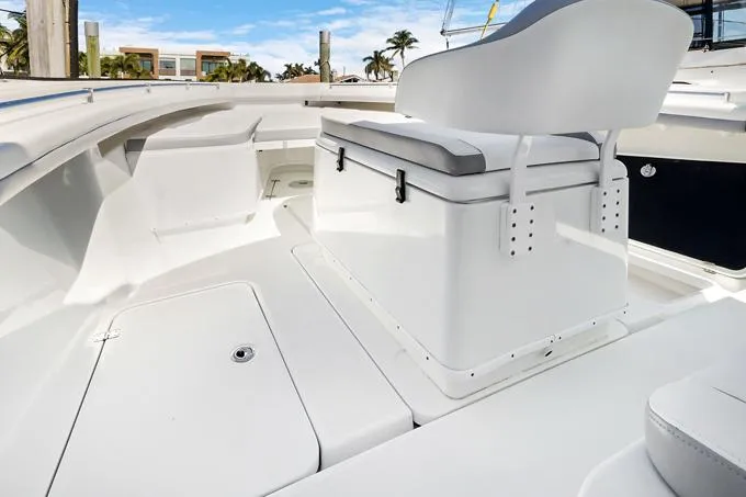 Seas The Day Yacht Photos Pics 2020 Yellowfin 39 Center Console boat interior with seating and storage.