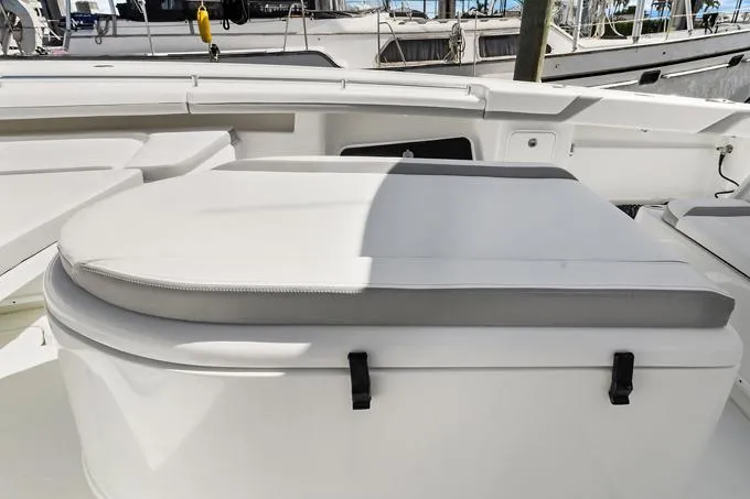 Seas The Day Yacht Photos Pics 2020 Yellowfin 39 Center Console boat seating area with storage.
