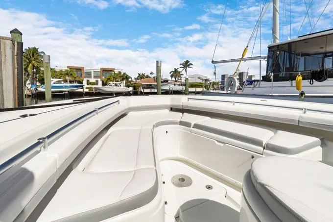 Seas The Day Yacht Photos Pics 2020 Yellowfin 39 Center Console boat interior at marina.