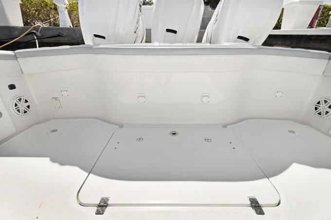Seas The Day Yacht Photos Pics 2020 Yellowfin 39 Center Console boat interior with spacious deck and storage compartments.