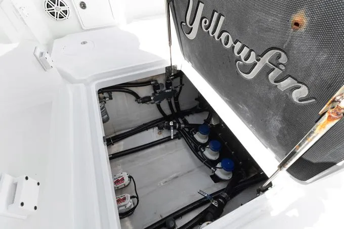 Seas The Day Yacht Photos Pics 2020 Yellowfin 39 Center Console boat hatch with visible wiring and components.